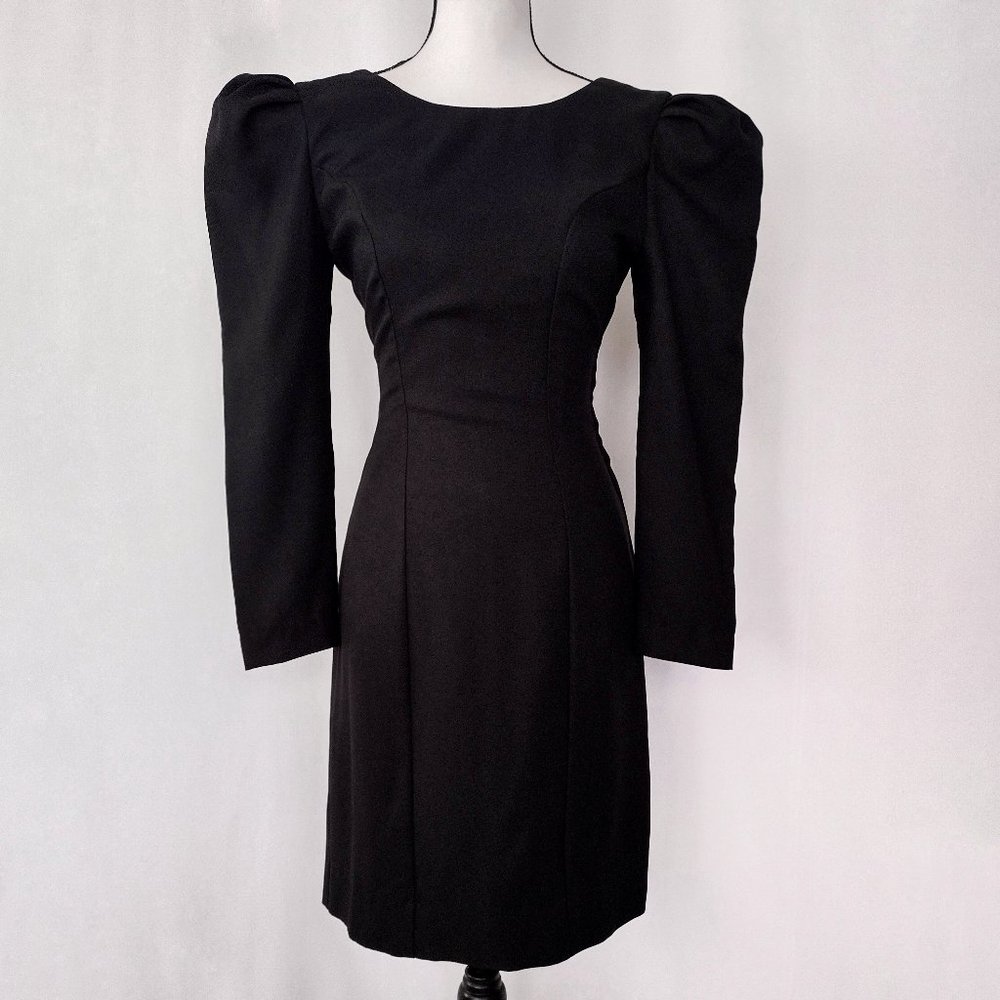 Vintage 1980s Black Puff Shoulder Open Back Sheath Dress